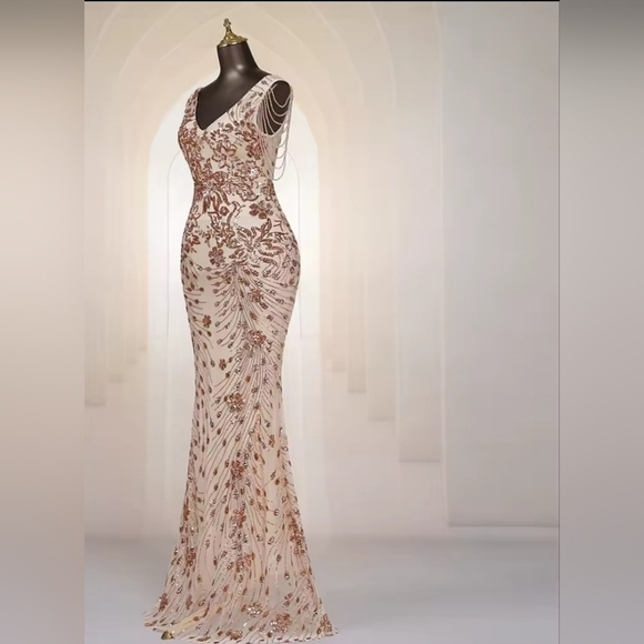 Gold, Floral Print,  V Neck,  Beaded Draped Sleeves,  Contrast Sequined Gown - Picture 14 of 16